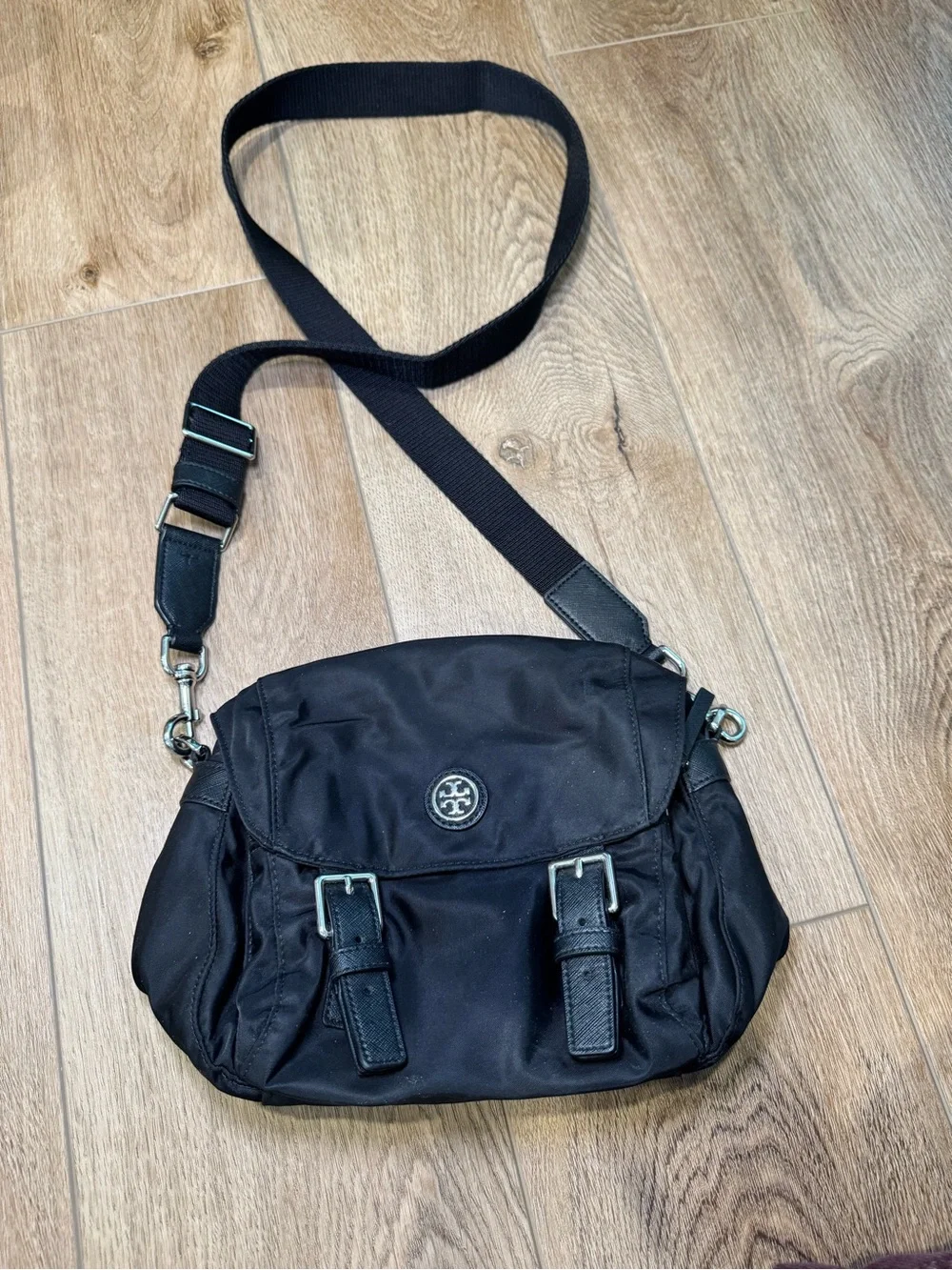 Tory Burch Black Nylon Crossbody Bag with Buckle Accents